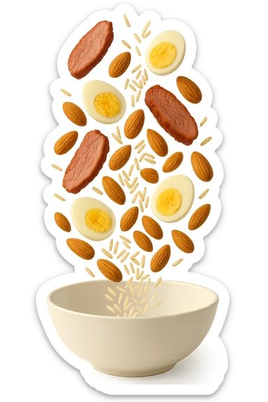 bowl bianca in cui cadono verticalmente fettine di carne, uova sode, mandorle e riso basmati sticker