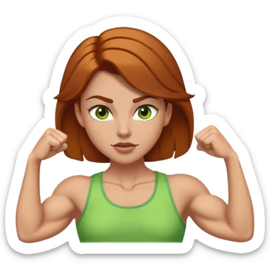 make a white girl with brownish gingerish hair and dark brown eyebrows and green ish yellowish eyes and thin lips flexing her small muscles  sticker