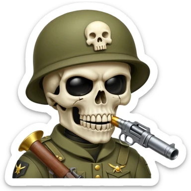 Una calavera 💀 soldado 🪖 mordiendo una bala en su boca con fondo verde  sticker