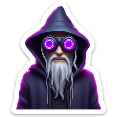 Gandalf wearing a black hoodie with "OMG" letters on it and VR headset in a cyberpunk VR environment with violet neon lighting. sticker