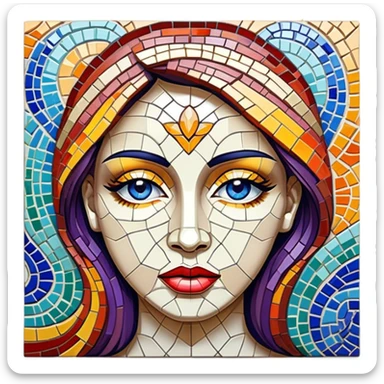 Mosaic art icon, colorful tiles forming a detailed picture, like a landscape or portrait, intricate patterns, some tiles in process of placement, minimalistic style, clean lines, transparent background. sticker