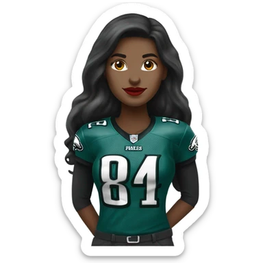 White female long dark hair red lips wearing Philadelphia Eagles jersey sticker