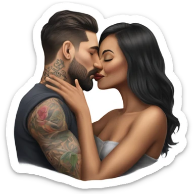 Hyper Realistic beautiful woman in the arms of a very handsome tattooed man kissing  sticker