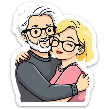 Hyper realistic couple in love, man had greying salt and pepper hair and a shprt beard. The lady is blonde and curvy and wears glasses and makeup sticker