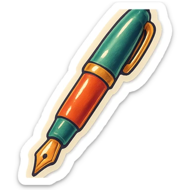 long fountain pen, retro stickers style, soft rounded shapes, expressive contours, vintage color palette, light paper texture, shadows and highlights, transparent background sticker