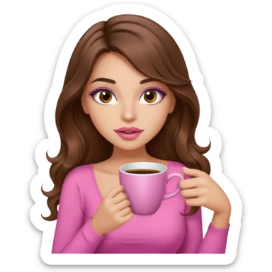 girl with long wavy brown hair, brown eyes, light to medium complexion, in a pink sexy top, pink lips, long lashes sipping coffee sticker