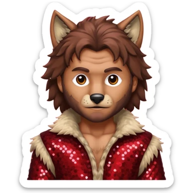 The Wolf Man with tan skin brown hair and fur, dark red sequin outfit sticker