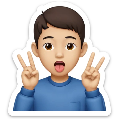 a boy with asian eyes holding his ears out with 2 fingers and with his tongue out sticker