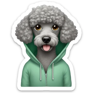 gray poodle wearing a sage green hoodie sticker