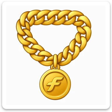 Create a gold chain emoji exactly like the reference image in iOS emoji style. Match the same shape, color, and texture, making it shiny and smooth with a medallion. Add a subtle highlight to the emoji. sticker