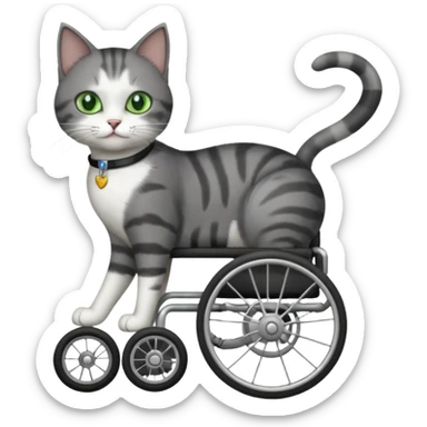 full body small short hair dark grey and white cat with green eyes walking in a wheelchair for cats sticker