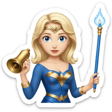 Blonde blue eyes Wonder Woman holding bell and short white orchestra conductor’s baton  sticker
