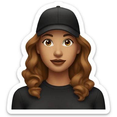 A beautiful tanned woman wearing a cap and a black sweatshirt with a cut-out on her chest, big lips, brown hair. sticker