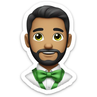 Young round face handsome man with bow tie and green eyes and full beard, black hair , bushy eye brows ballon face hair on forehead  sticker