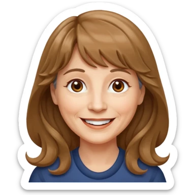 60 yr old woman, very small brown eyes, long wavy light brown hair, bangs,  sticker