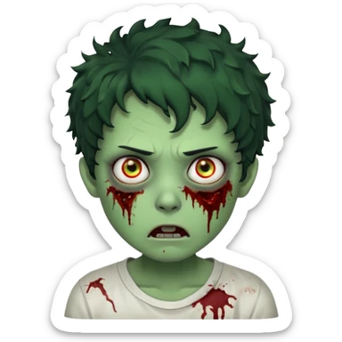 zombie character with green skin, messy short curly black hair, and no glasses. Give him large expressive eyes, a slightly frightened or eerie expression, subtle wounds, dark under-eye shadows, and a few cracks or dried blood marks on the face.  white shirt and without bleeding eyes **BLACK HAIR** sticker