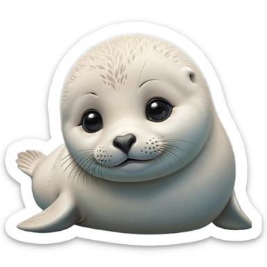 Cinematic Cute Baby Seal Portrait Emoji, Head tilted playfully and inquisitively, featuring a charming, pudgy body with velvety, damp fur, oversized round eyes brimming with innocent wonder, and a soft, cuddly face, Simplified yet irresistibly adorable features, highly detailed, glowing with a warm, frosty glow, high shine, affectionate and lively, stylized with a touch of whimsical polar magic, soft glowing outline, capturing the essence of a mischievous yet loving baby seal that seems as if it could waddle out of the screen into your arms! sticker