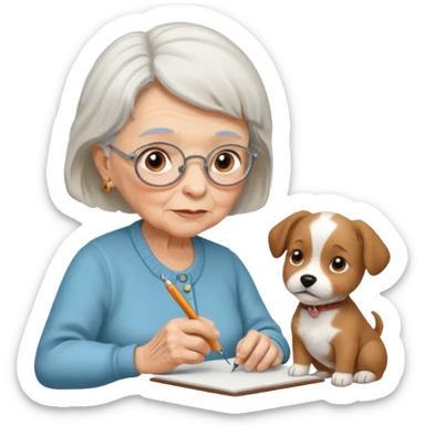 An elderly woman sketching her puppy face. sticker