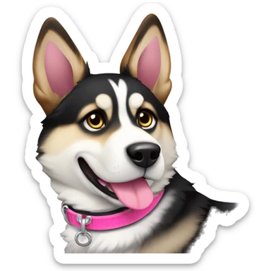 Husky mixed with german shepherd female dog black white and brown wearing a pink collar  sticker