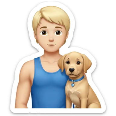 A blond boy in a sexy blue singlet with a picture of a Labrador sticker