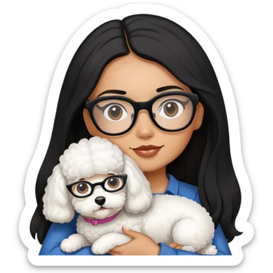 A girl with long black hair and glasses holding a bichon and a white devon sticker