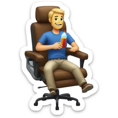 guy in gaming chair with arm rests holding a bottle sticker