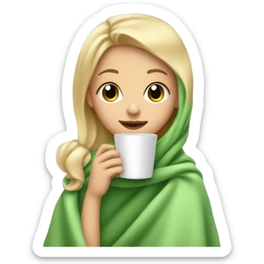 Blonde girl sipping coffee under blanket green eyes and rosy cheeks sticker