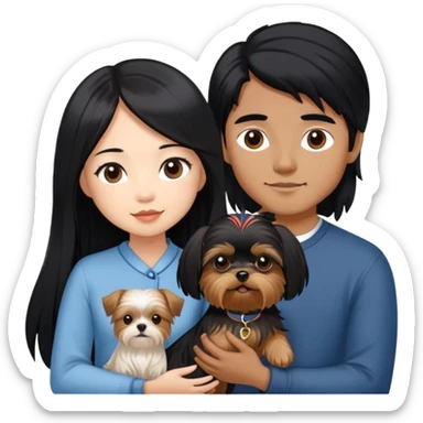 A beautiful Asian girl with long black hair is holding a Yorkshire Terrier. She is standing next to her brown skinned boyfriend, who is holding a Shih Tzu. They are each holding one dog each sticker