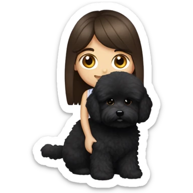 Caucasian Brunette girl long straight hair and hazel eyes, holding a black maltipoo with a white snout  to the side sticker