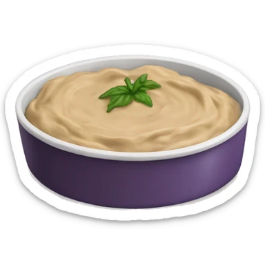 Eggplant dip in a circular dish, the color of the dip is tan sticker
