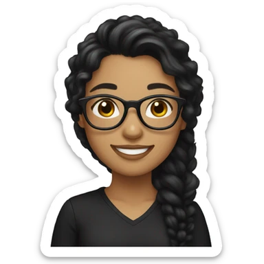 girl wearing black clothes, with long black slight curlyhair, glasses, smile,  sticker