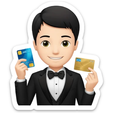 make a genmoji of a boy with a an amex card in hand and wearing a tux, black hair sticker