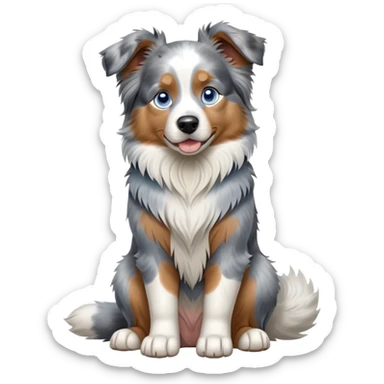 cinematic-[australian shepherd dog]-realistic-full-body-sitting-emoji,-tail-resting-loosely-beside-its-paws,-head-tilted-dramatically,-scruffy-[blue merle]-fur,-simplified-yet-realistic-focused-features,-highly-detailed,-glowing-with-an-almost-sarcastic-glow blue eyed sticker