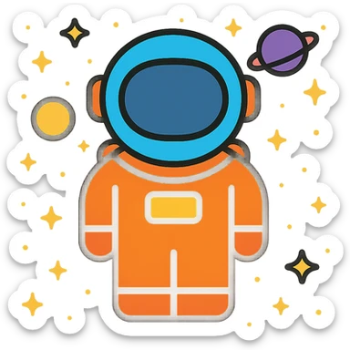 Add a space background with stars and planets, keep the color outline icon style. sticker