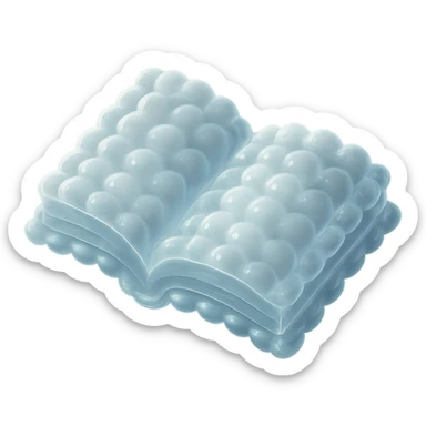 top view of a thick open book made entirely of small, very bright white fluffy convex clouds, matte glass style sticker
