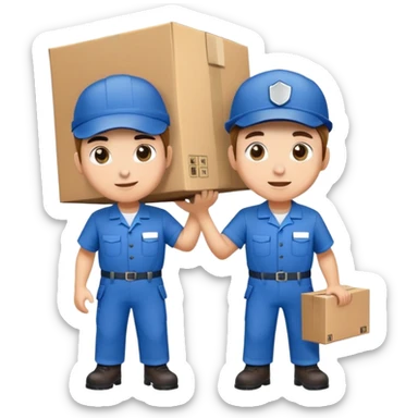 two workers in blue work uniforms and caps carrying a large box, alternate expression sticker