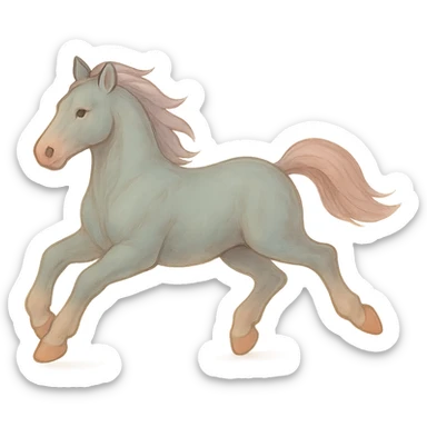 Edit the horse in Chinese eastern style with pastel palette #98B5BC, #B5B3C1, #C9A3C9, #E4C0CA, #F7DCD1, #F7C0AA. Use thin clean outlines, soft rounded shapes, detailed shadows and highlights, soft lighting, transparent background. Make it less cute and without decoration. Third frame: body position and appearance as in the original image, but legs changed to gallop phase — all legs under the body. sticker
