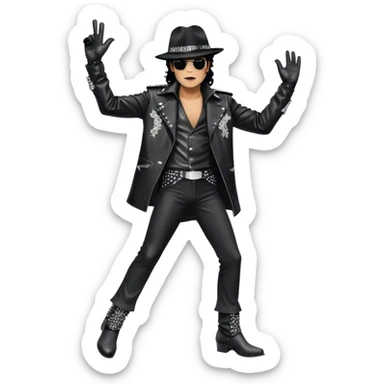 Michael Jackson on stage with microphone buttonhole in full body, wearing his iconic concert costume—black leather jacket, sequined glove, fedora, and boots. He strikes a powerful pose, embodying the energy of R&B music. Transparent background. sticker