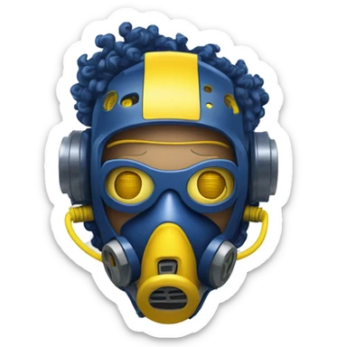 Dark Blue curly hair cyborg head with yellow respirator mask and circuitry sticker