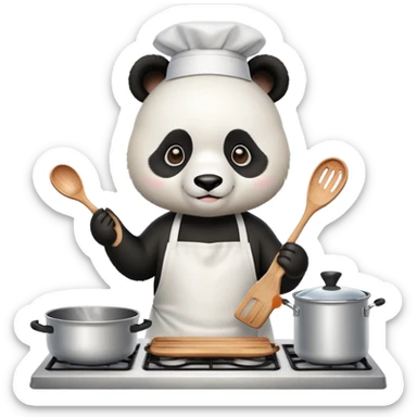A panda in a kitchen apron cooks food in the kitchen.  sticker