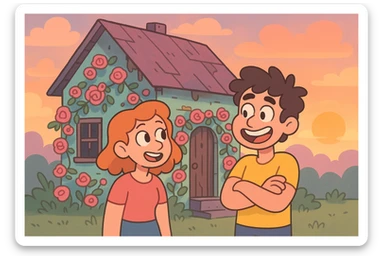 shabby house with pink roses and a sunset, all in pastel colors, soft and dreamy atmosphere sticker