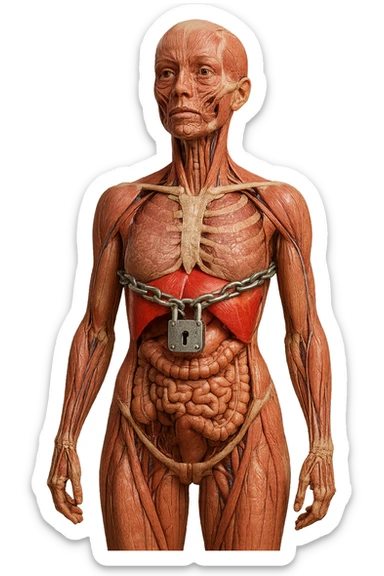 corpo umano anatomico di una donna con diaframma in evidenza, diaframma chiuso da catena e lucchetto, iperrealistica 4k sticker