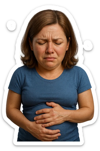 emoji stile iphone di donna con mal di pancia e pancia gonfia, iperrealistico 4k sticker