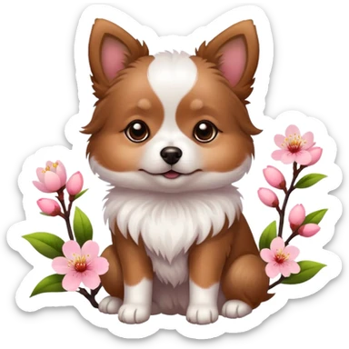 A cute little dog and a peach blossom sticker