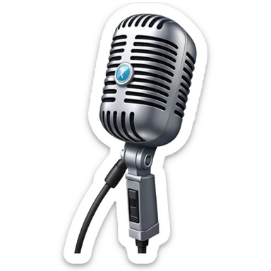 reate a vibrant and dynamic emoji that represents pop or stage vocal performance. The design should feature a close-up of a classic stage microphone (retro-style) with a lanyard, set against a stage background without people.  sticker