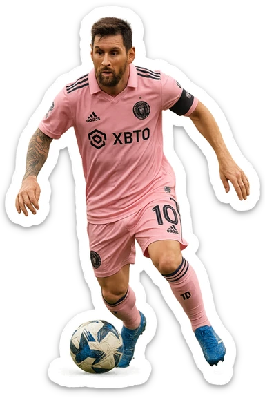full body portrait of Lionel Messi wearing a pink Inter Miami soccer jersey, realistic style, dynamic pose, detailed facial features, soccer ball at his feet, no background sticker