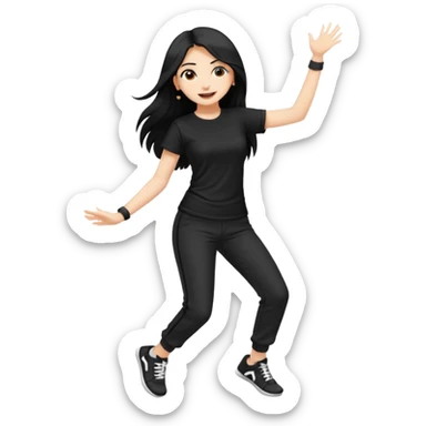 What white skin indian girl with long black dancing with Black t shirt and pant with white sneakers sticker