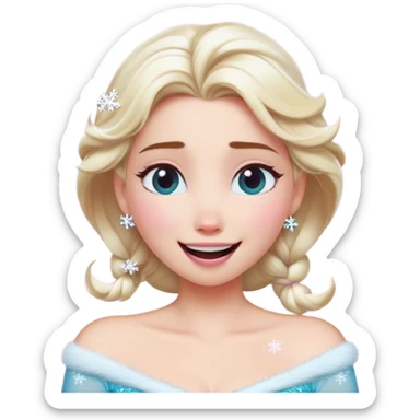 Cinematic Adorable Elsa Portrait Emoji, Giggling as tiny snowflakes swirl around her, cheeks flushed pink from the cold, eyes twinkling with warmth, a heart-melting mix of beauty and playfulness! sticker