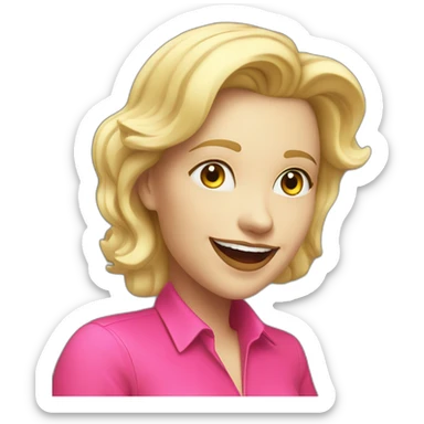 Joyful white woman with fluorescent and playful pink shirt, passionate about programming and art, blond hair red lip round and black bezel sticker