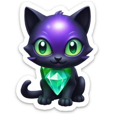 Shiny, Sparkly, Black Dark-type--Psychic-Ice-type-Fakémon-Alien-Cat Blind Purple eyes, green gem, full body sticker